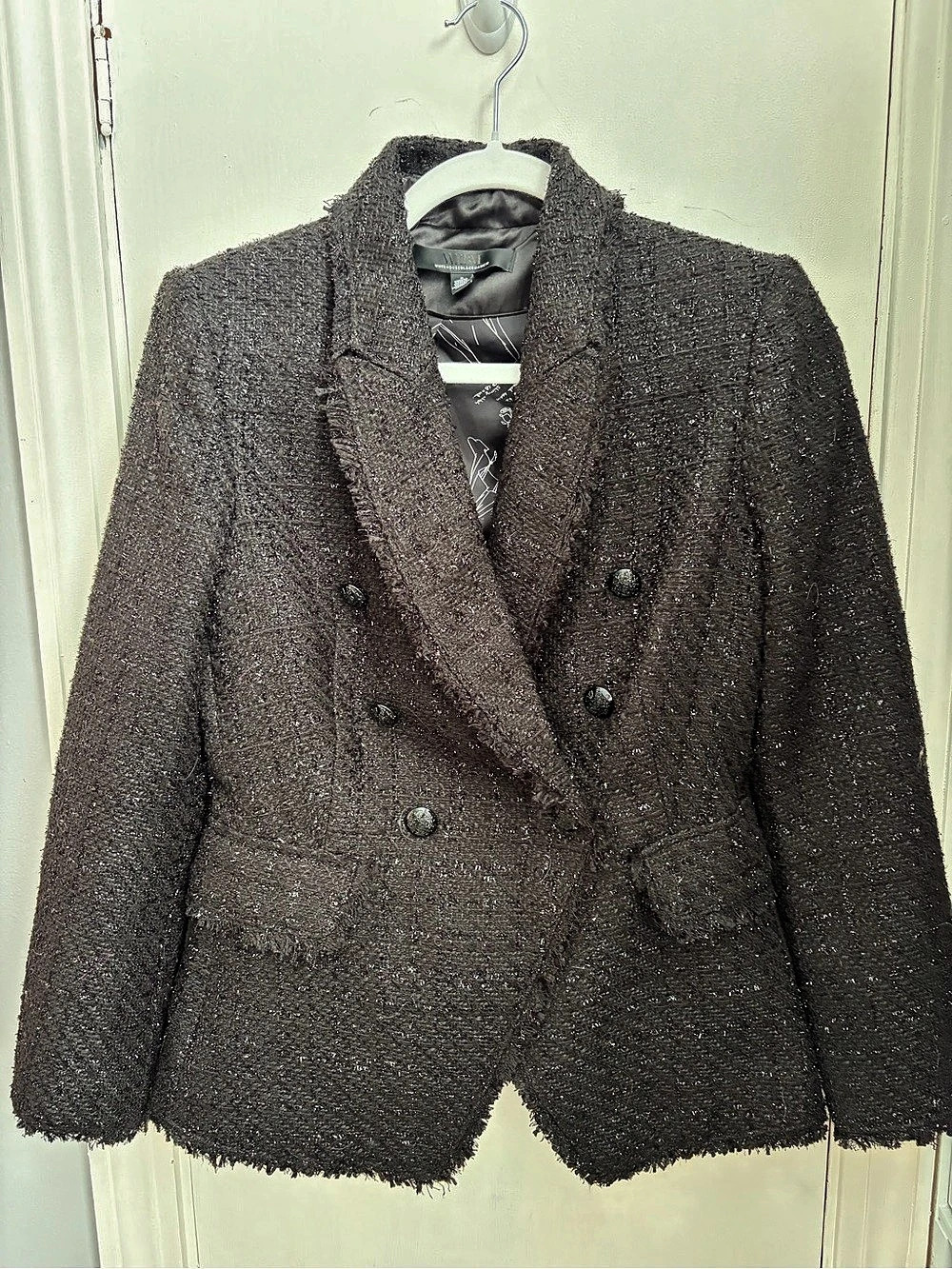 White House Black Market Double Breasted Tweed Fringe Blazer Black Size 2